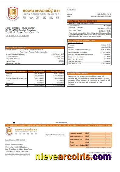 Cambodia Union Commercial bank mortgage statement